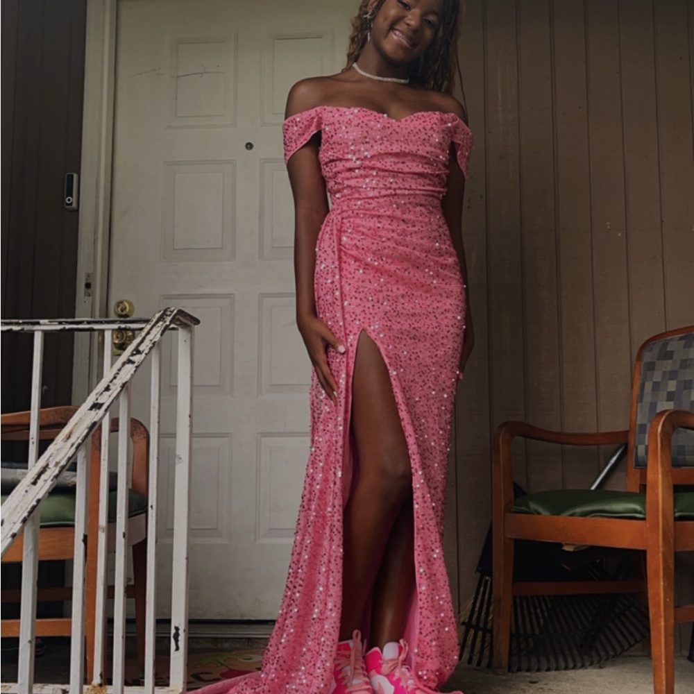 SHEIN Pink Sequin Off-Shoulder Prom Dress